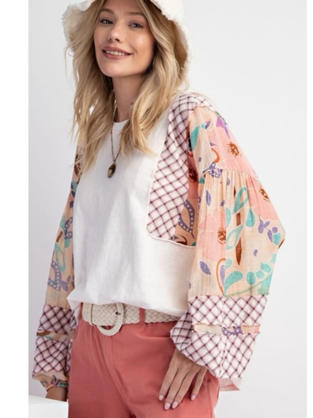 Easel Boho Patchwork Long-Sleeve Top - White with Pastel Floral Sleeves Size S
